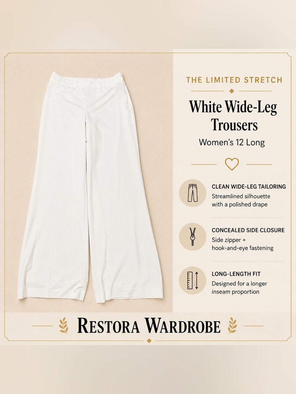 The Limited Stretch Y2K White Wide Leg Trousers 12 Long Side Zip Tailored
